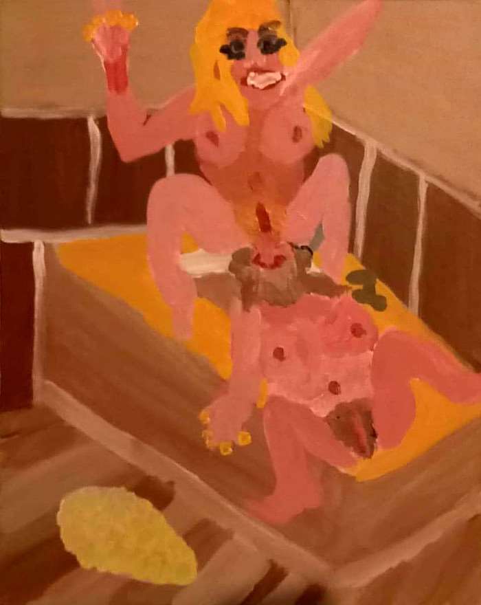 Julie-Pomme-une-douceur-amoureuse-dans-un-bain-outsider-art-galerie-art-en-ligne-contemporain-ARtree-Ybackgalerie